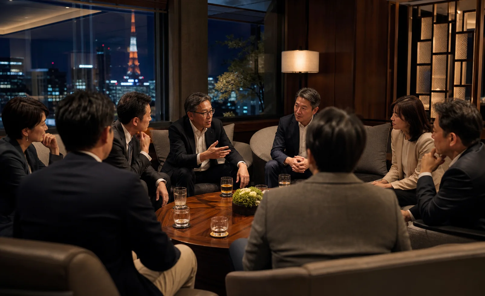 プライベートラウンジで事業の話をする経営者たち